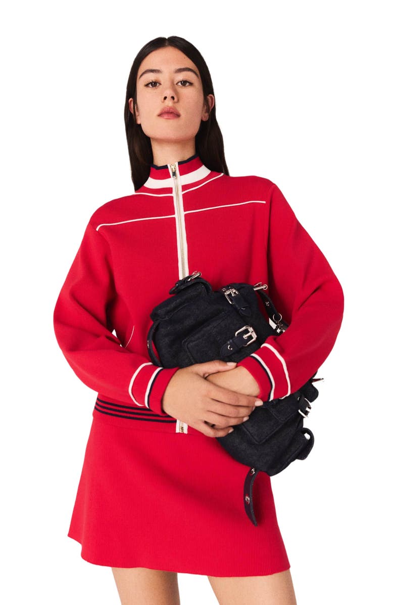 maje Zipped cardigan with elastic waist, Main, color, Red