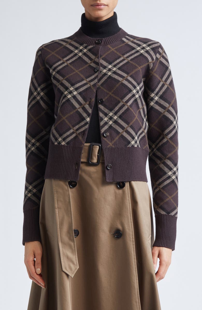 Burberry Georgette Check Wool & Cashmere Blend Cardigan, Main, color, Truffle Ip Check