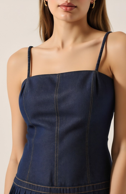Modenaire Denim Mini Dress With Spaghetti Straps And Pleated Skirt In Blue