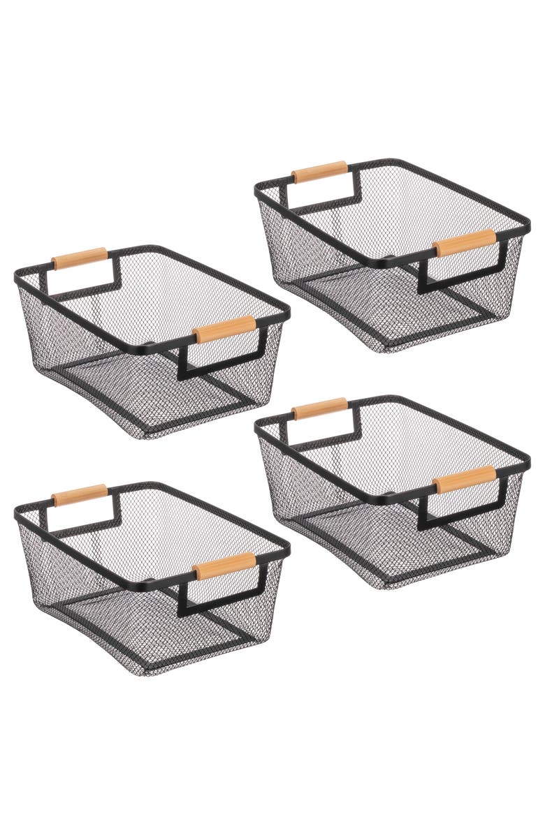 mDesign Metal Wire Pantry Basket with Wood Handles - Set of 4 - Black/Natural, Main, color, Black/Natural