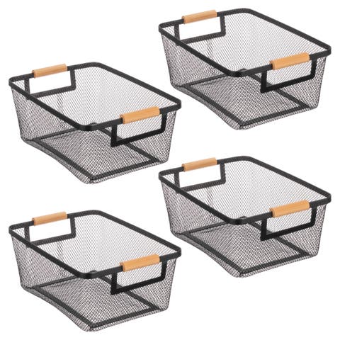 Metal Wire Pantry Basket with Wood Handles - Set of 4 - Black/Natural
