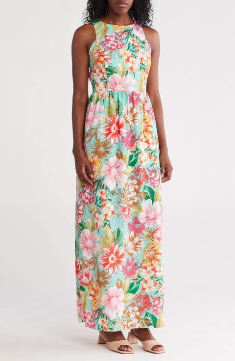 Floral Halter Neck Sleeveless Maxi Dress