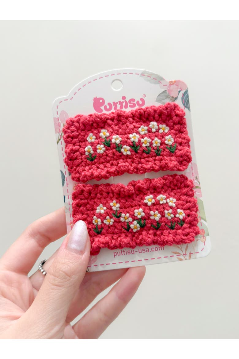 Hand-Crocheted Floral Hair Clip Set of 4, Alternate, color, Red & Cream