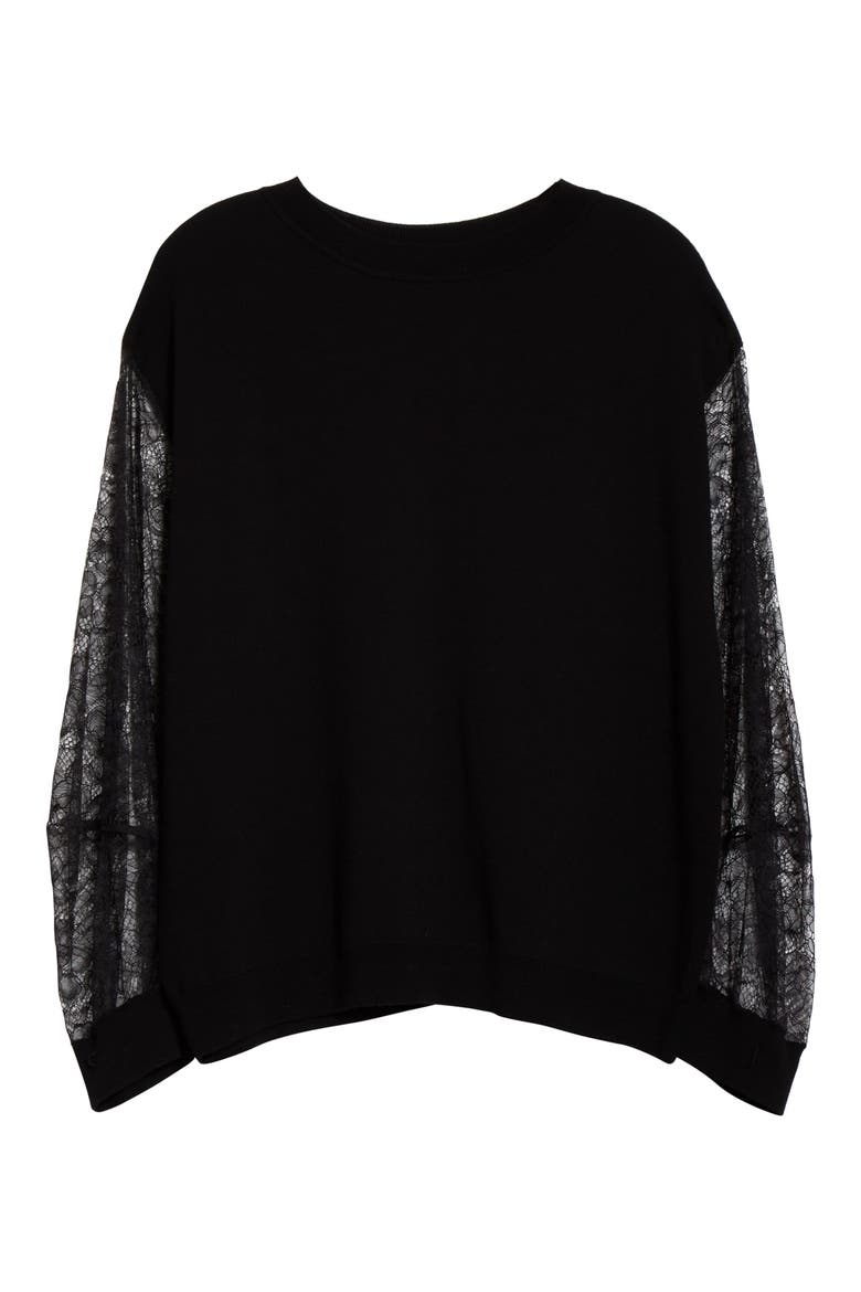 Lace Sleeve Merino Wool Blend Sweater, Alternate, color, BLACK