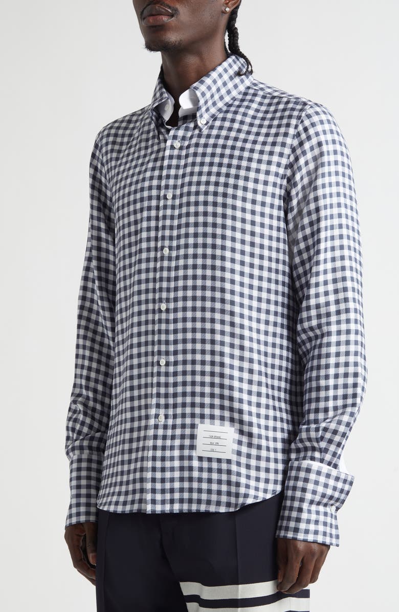 Thom Browne Gingham Straight Fit Convertible Silk Twill Button-Down Shirt, Alternate, color, Navy