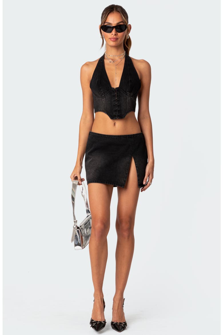 Katrina Lace-Up Denim Corset Halter Top, Alternate, color, BLACK-WASHED