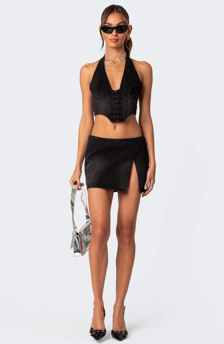 EDIKTED Katrina Lace-Up Denim Corset Halter Top, Alternate, color, Black-Washed