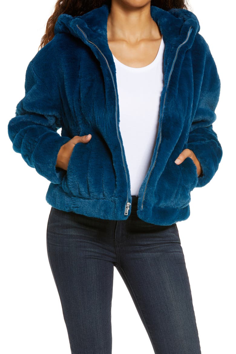 Mandy Faux Fur Hooded Jacket, Main, color, DEEP EMERALD