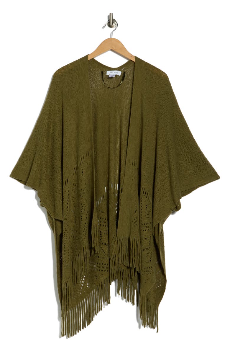 Nine West Raschel Fairisle Border Open Knit Topper, Alternate, color, Dark Olive