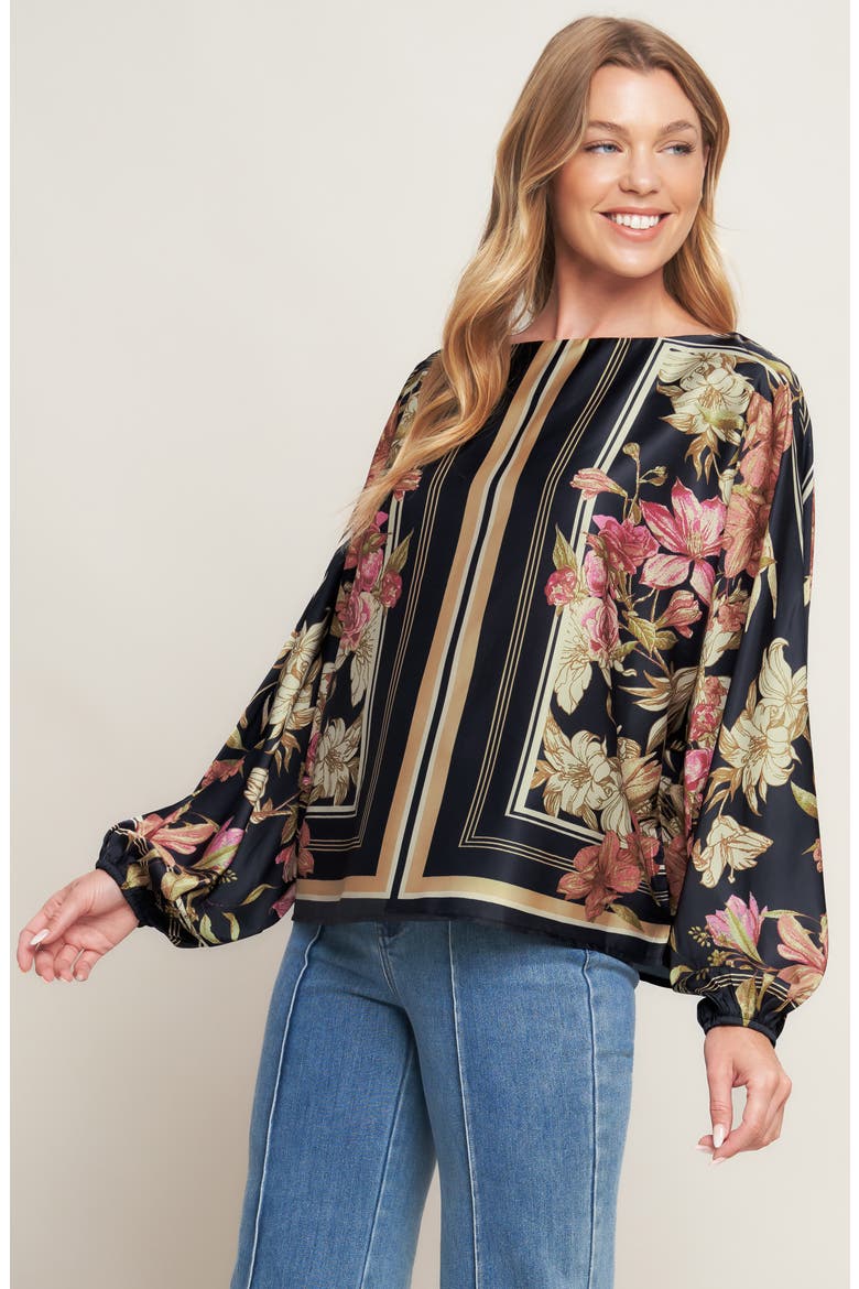 Floral & Stripe Print Satin Top, Alternate, color, BLACK