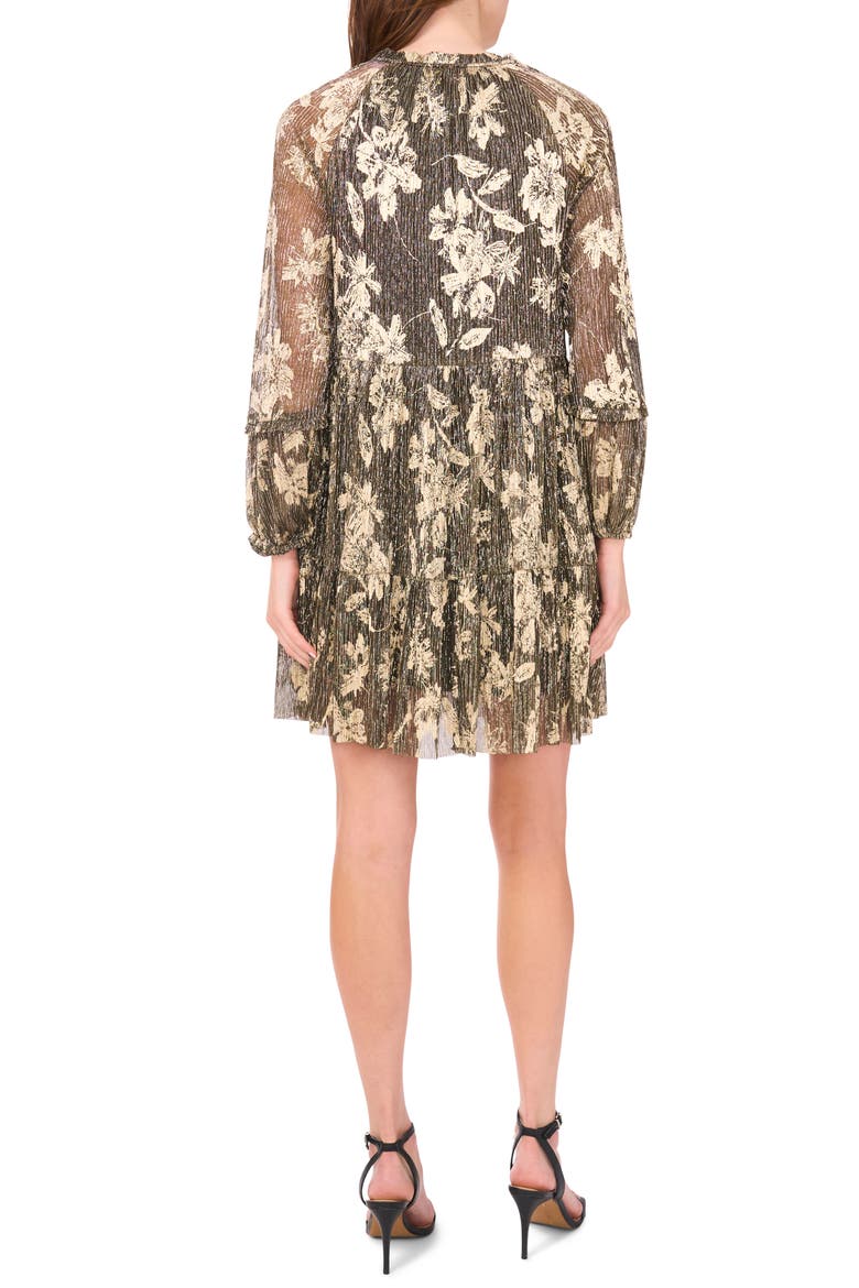 Floral Foil Tiered Long Sleeve Dress, Alternate, color, BLACK/ GOLD