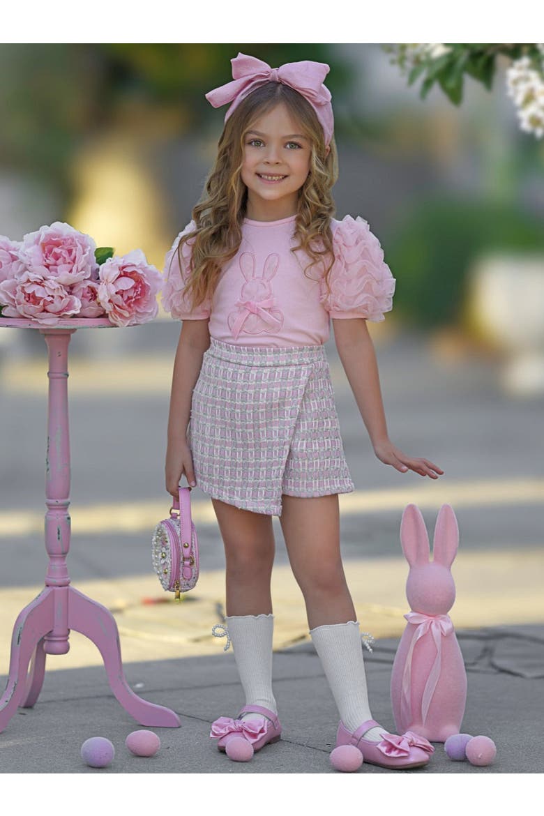 Girls  Bunny Puff Sleeve Top and Tweed Skort Set, Alternate, color, Pink