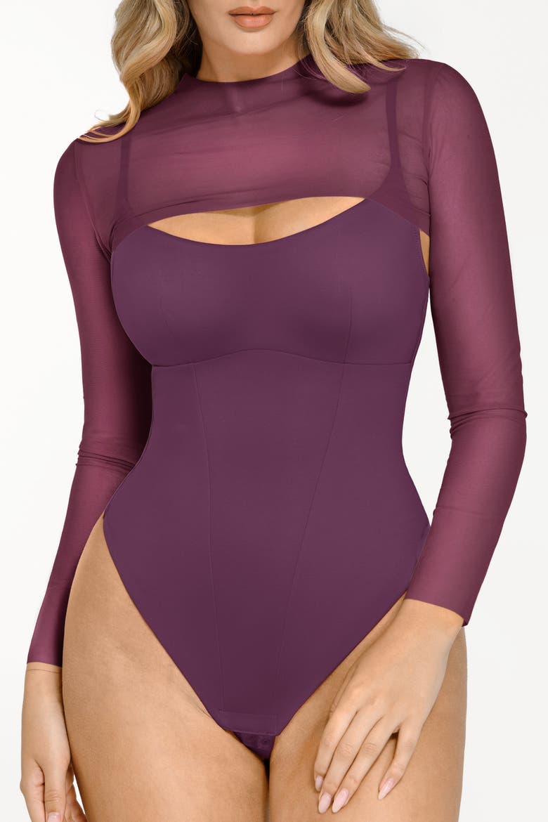 Sheer Shapewear Mesh Cutout Corset Bodysuit 2-Piece Set, Alternate, color, Plum