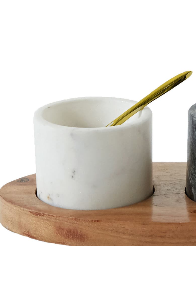 Round Marble Bowls on Mango Wood Tray with Brass Salt Spoon, White and Black, Set of 2, Alternate, color, White
