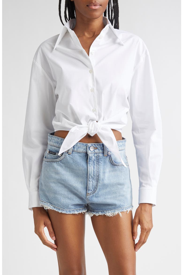 Tie Font Stretch Poplin Crop Button-Up Shirt, Main, color, W0800 BIANCO OTTICO