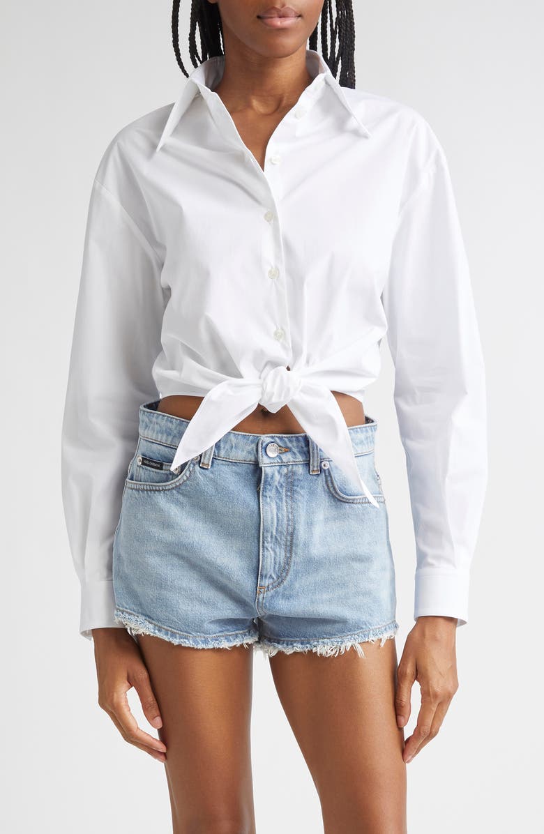 Dolce&Gabbana Tie Font Stretch Poplin Crop Button-Up Shirt, Main, color, W0800 Bianco Ottico