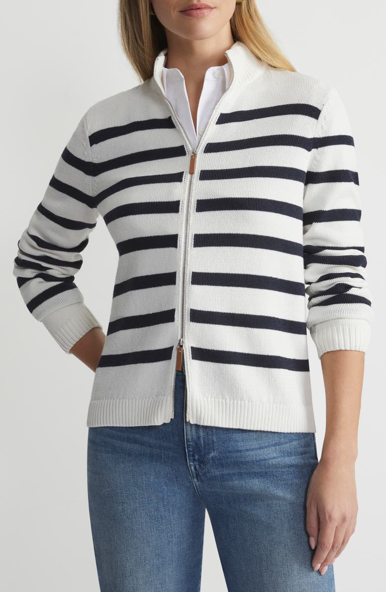 Lafayette 148 New York Stripe Cotton & Silk Zip Cardigan, Main, color,
