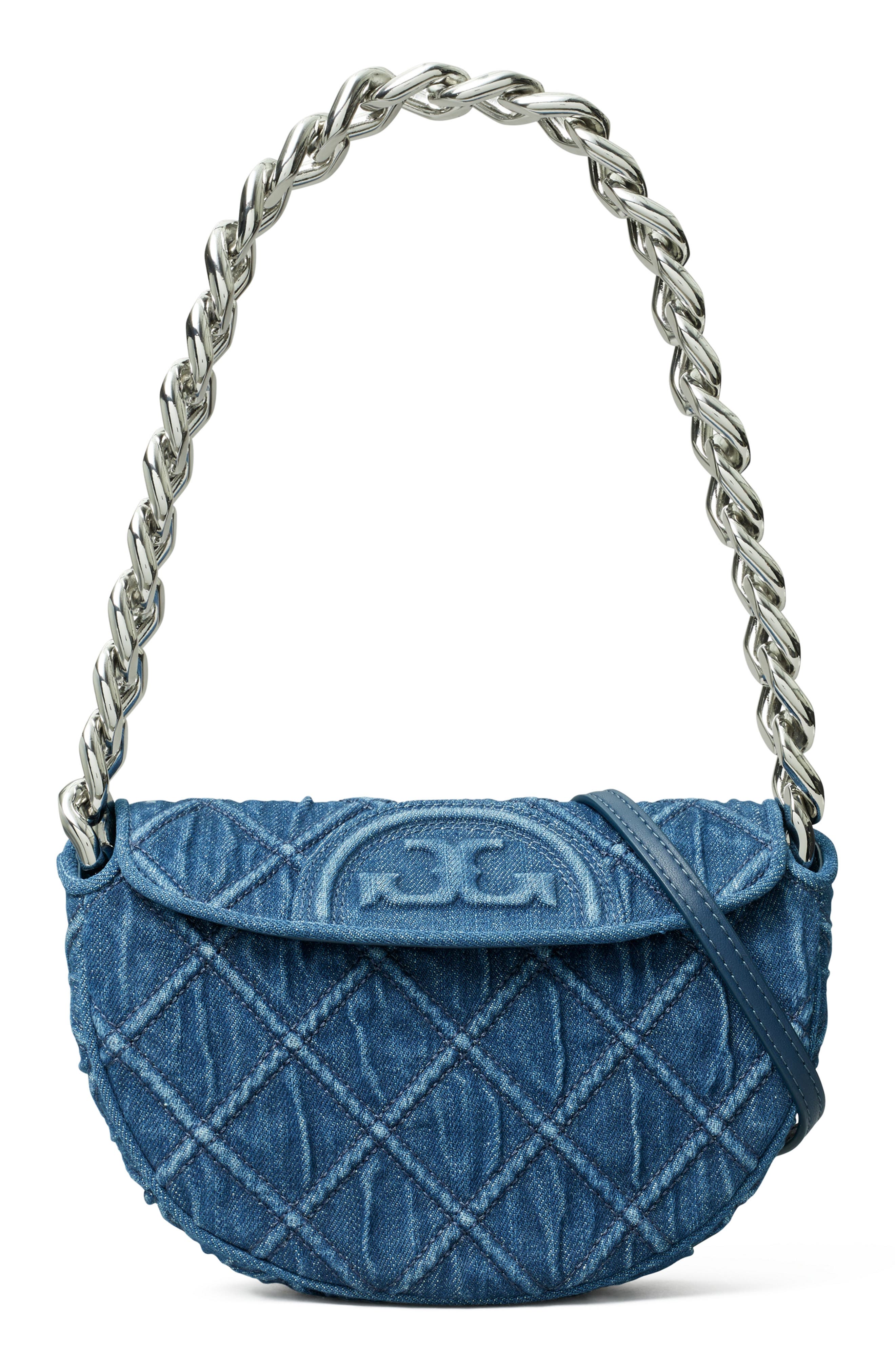 Tory Burch Mini Fleming Soft Denim Crescent Bag, Main, color, 
