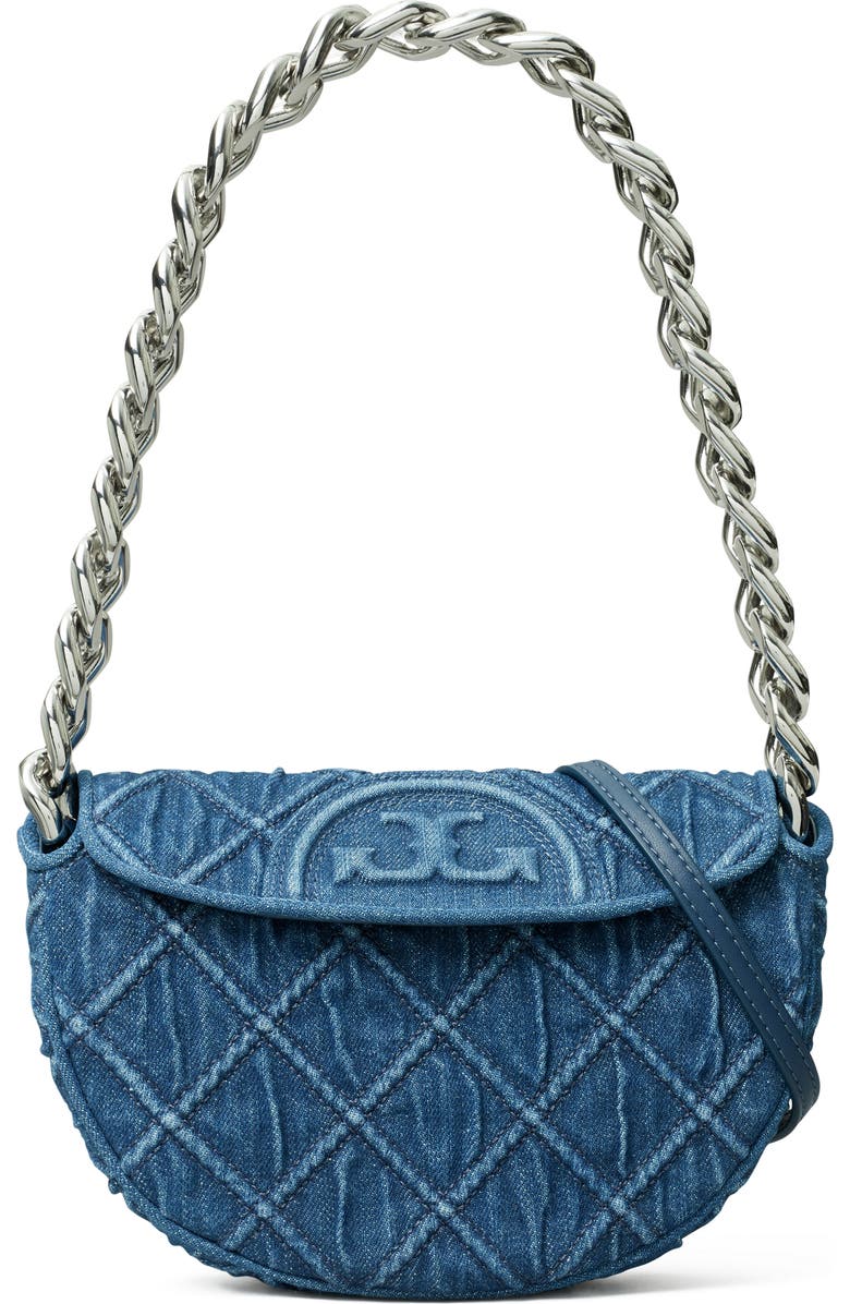 Tory Burch Mini Fleming Soft Denim Crescent Bag, Main, color,