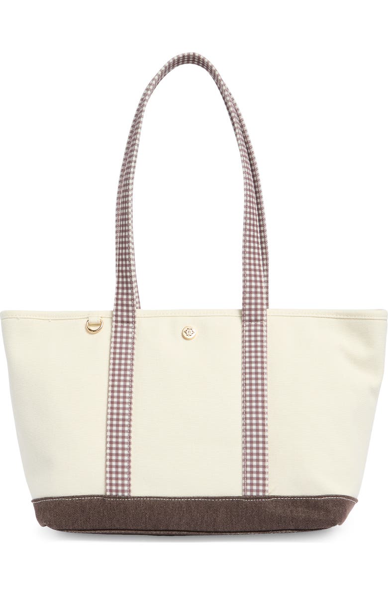 Nanette Lepore Gingham Trim Knit Tote, Main, color, Soft Beige / Brown Gingham