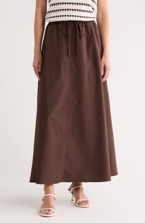 Drawstring Waist Cotton Poplin Maxi Skirt