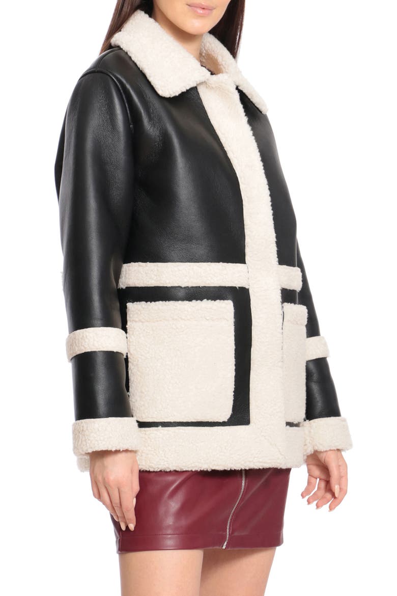 Faux Leather Snap Coat with Faux Shearling Trim, Alternate, color, BLACK/ CREAM