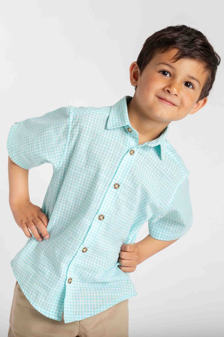 Gingham Linen Look Camp Shirt, Alternate, color, Jade/White