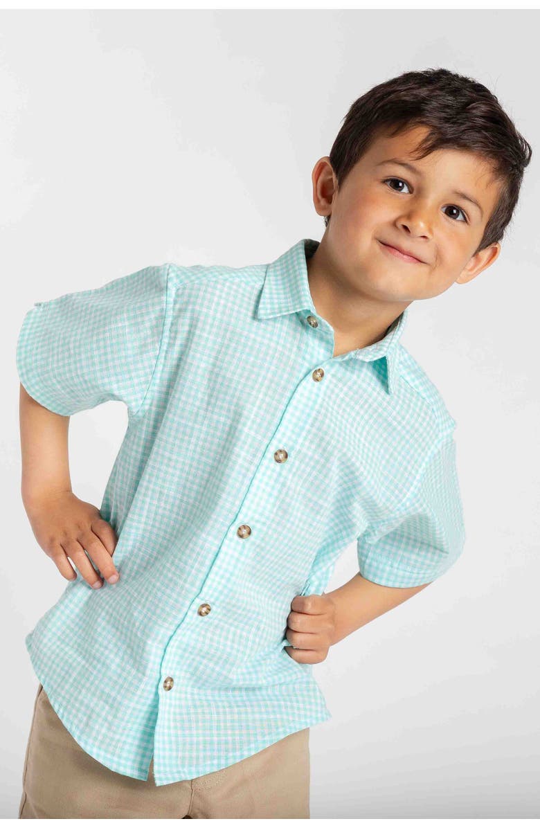 Florence Eiseman Gingham Linen Look Camp Shirt, Alternate, color, Jade/White