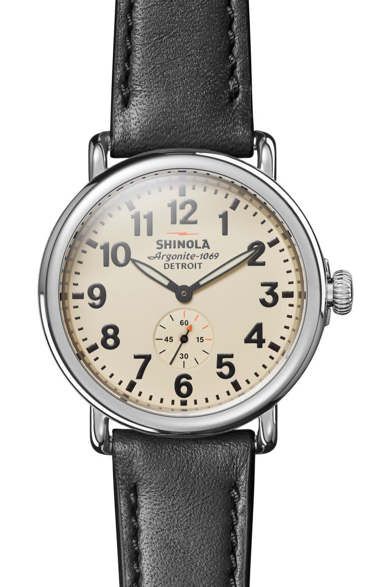 Runwell Leather Strap Watch, 41mm, Main, color, BLACK/ CREAM