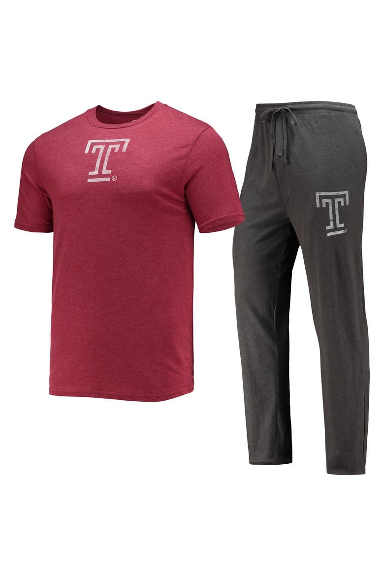 Men's Concepts Sport Heathered Charcoal/Cherry Temple Owls Meter T-Shirt & Pants Sleep Set, Main, color, Heather Charcoal