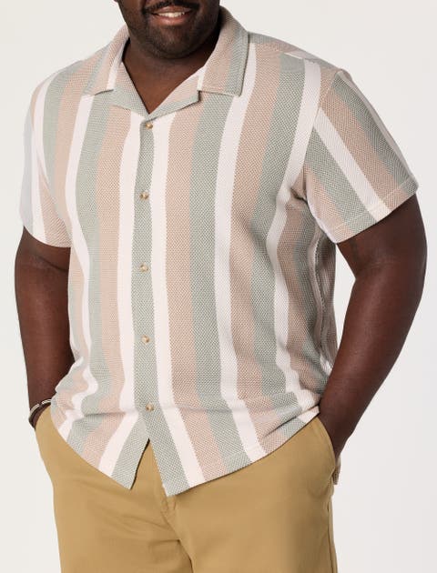Big & Tall Textured Stripe Button-front Polo Shirt