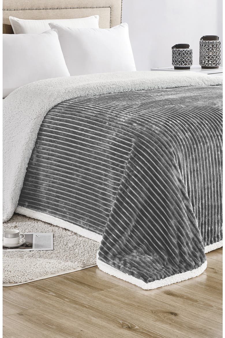 Plush Reversible Plain Weave Corduroy Faux Shearling Throw Blanket, Alternate, color, GREY