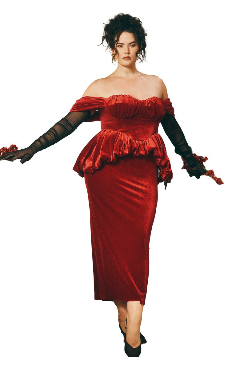 ELOQUII Velvet Peplum Midi Dress, Main, color, Red Dahlia