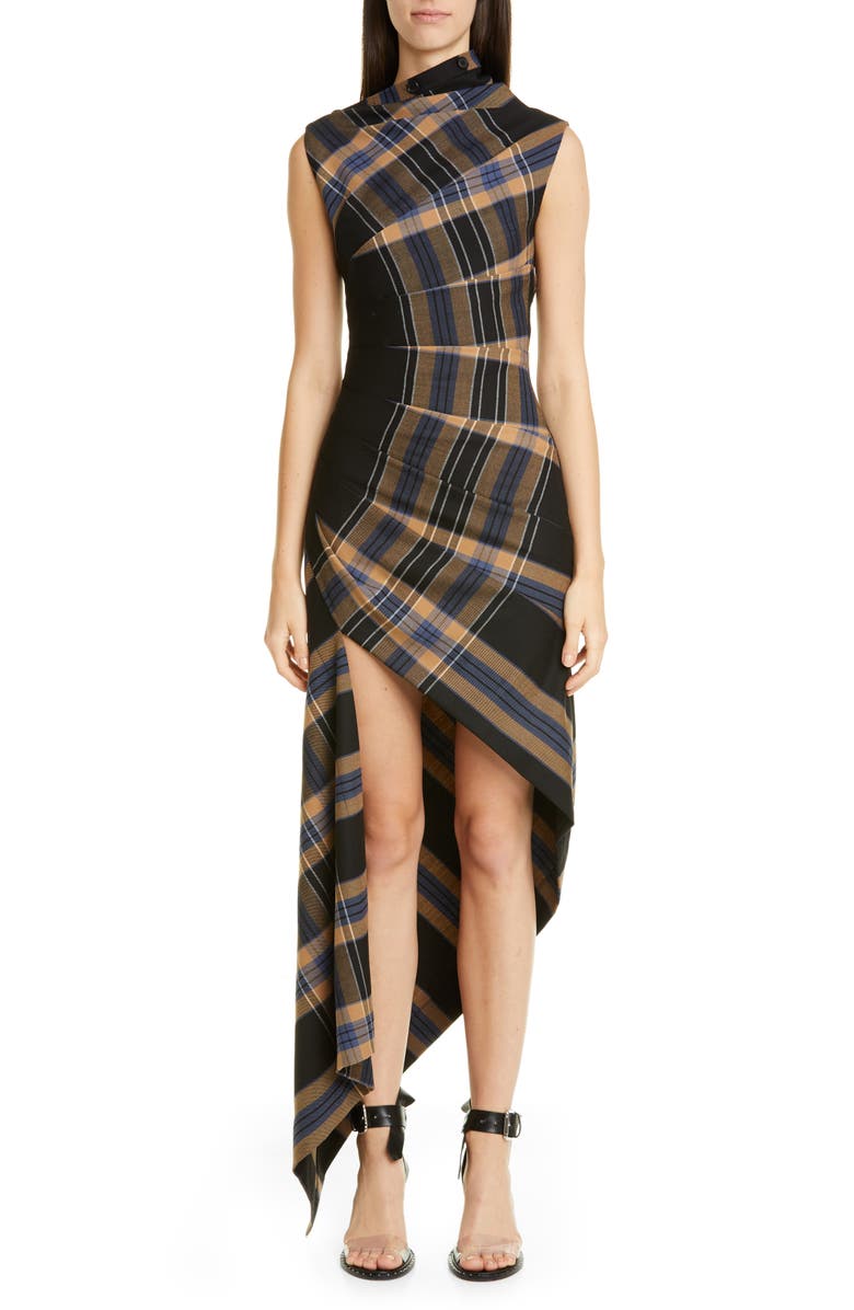 MONSE Asymmetrical Pleated Plaid Midi Dress, Main, color, 