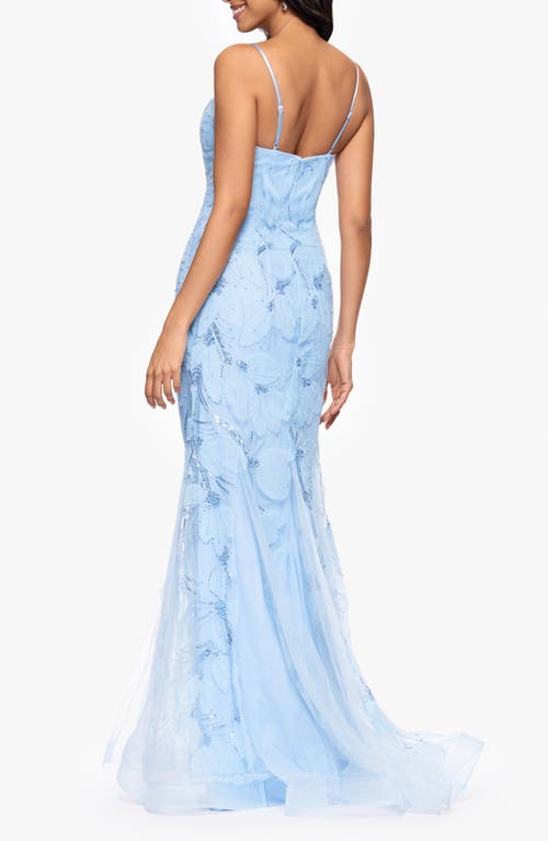 Shop Betsy & Adam Embellished Floral Appliqué Mermaid Gown In Light Blue