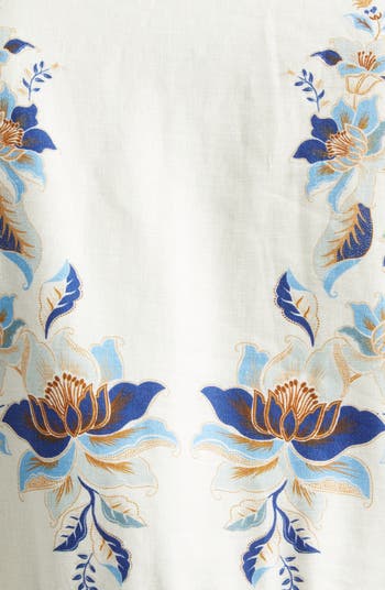 Mystic Blue Lotus Placed Print Long Sleeve Linen Blend Maxi Dress