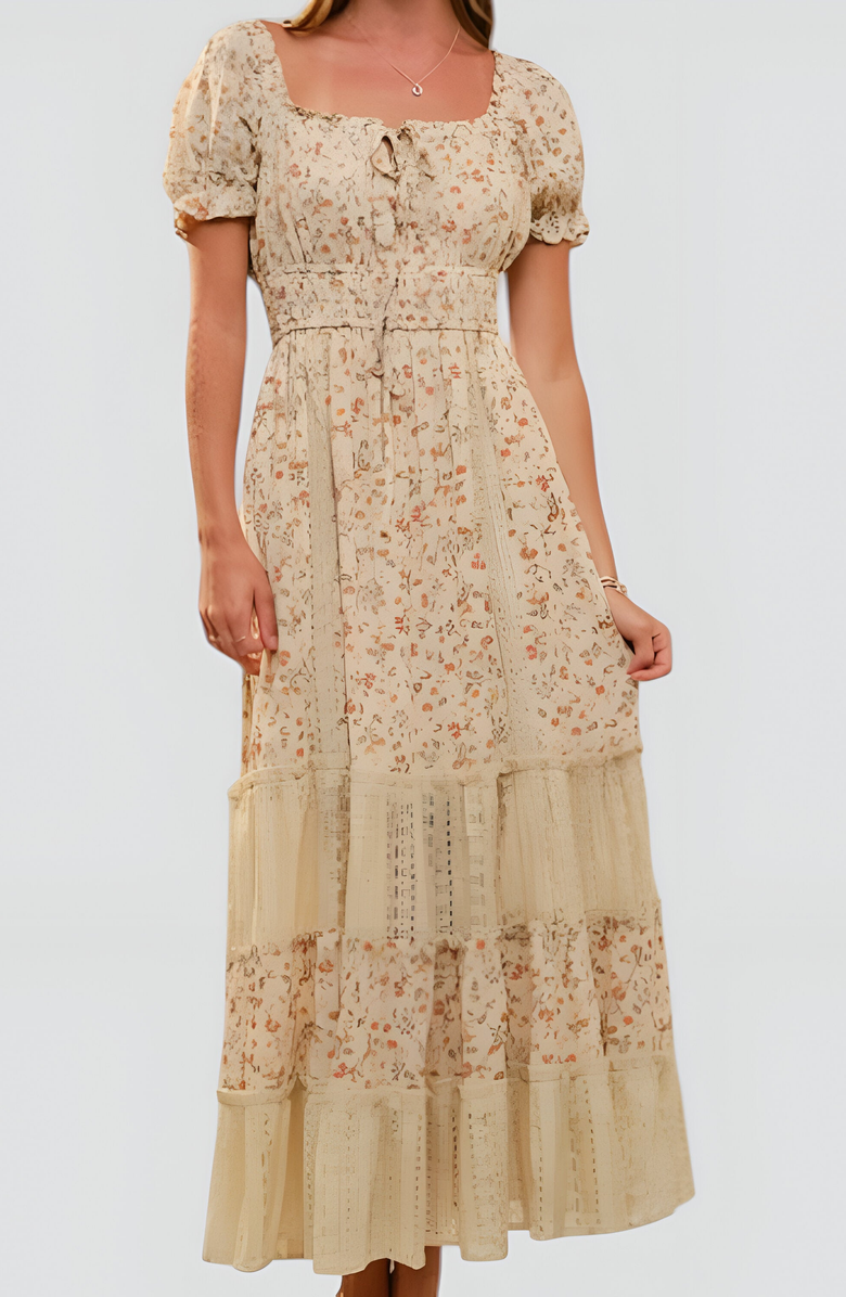 Modenaire Floral Maxi Dress with Puff Sleeves Smocked Waist and Tiered Skirt, Alternate, color, 