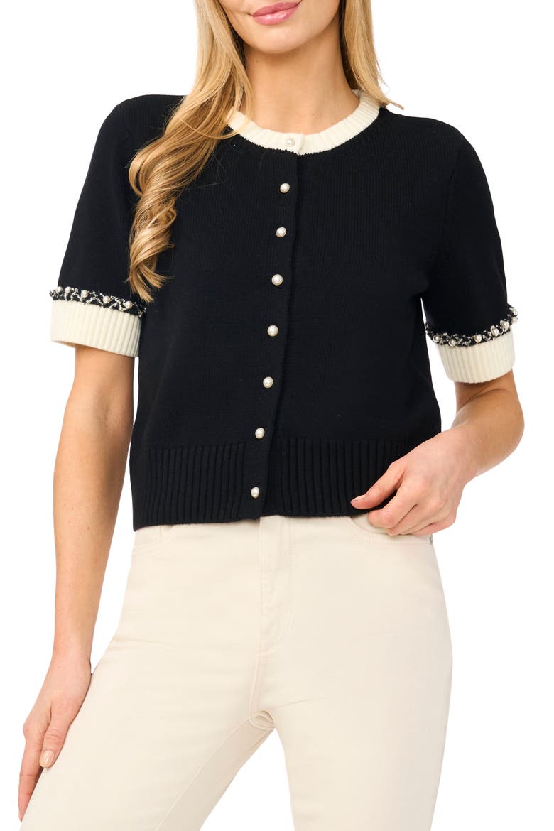 Short Sleeve Crewneck Cardigan, Main, color, RICH BLACK