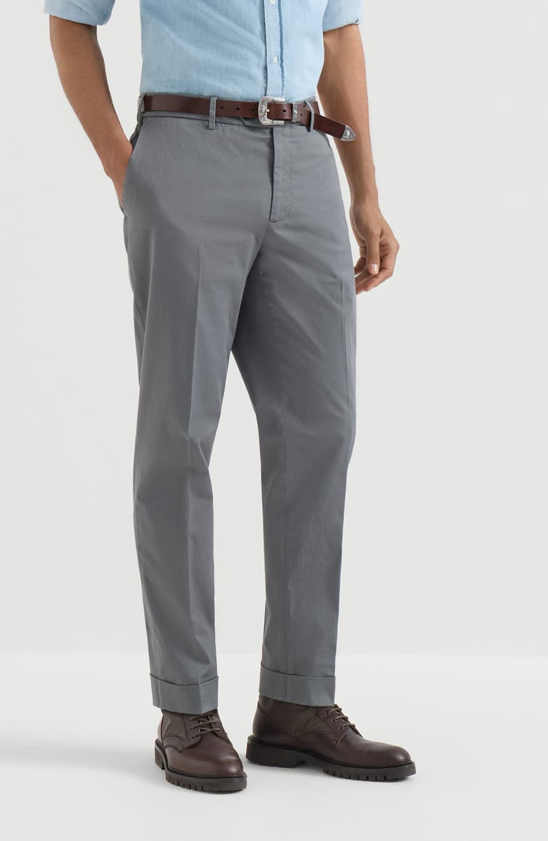 Brunello Cucinelli Garment-dyed Italian fit trousers in American Pima comfort cotton gabardine, Main, color, Silver