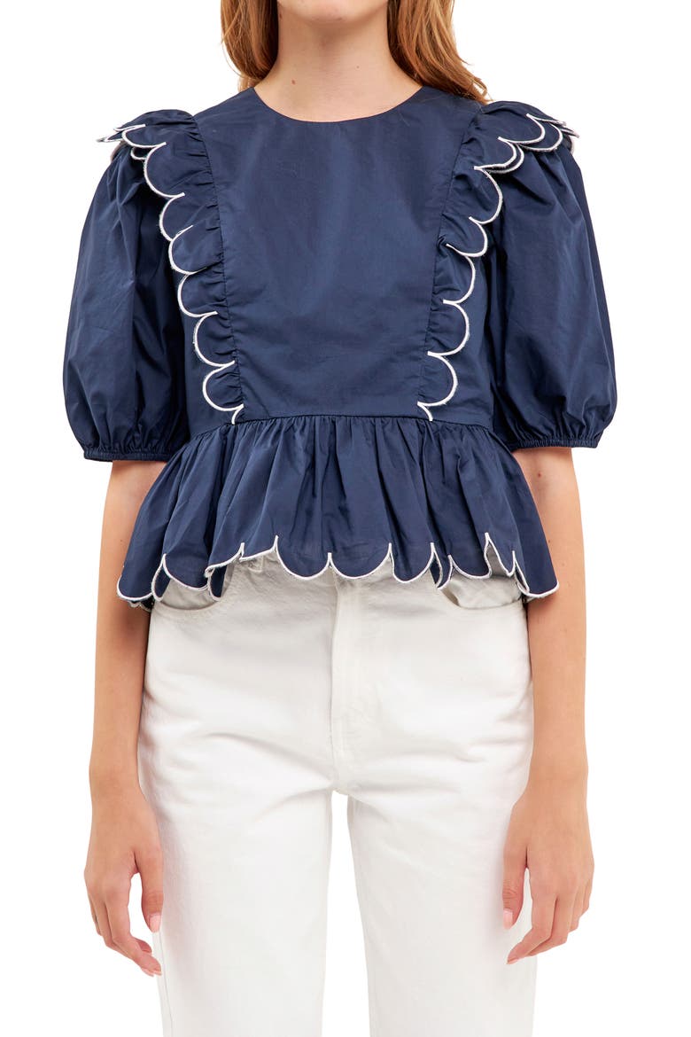 Contrast Scalloped Trim Cotton Top, Main, color, NAVY/WHITE