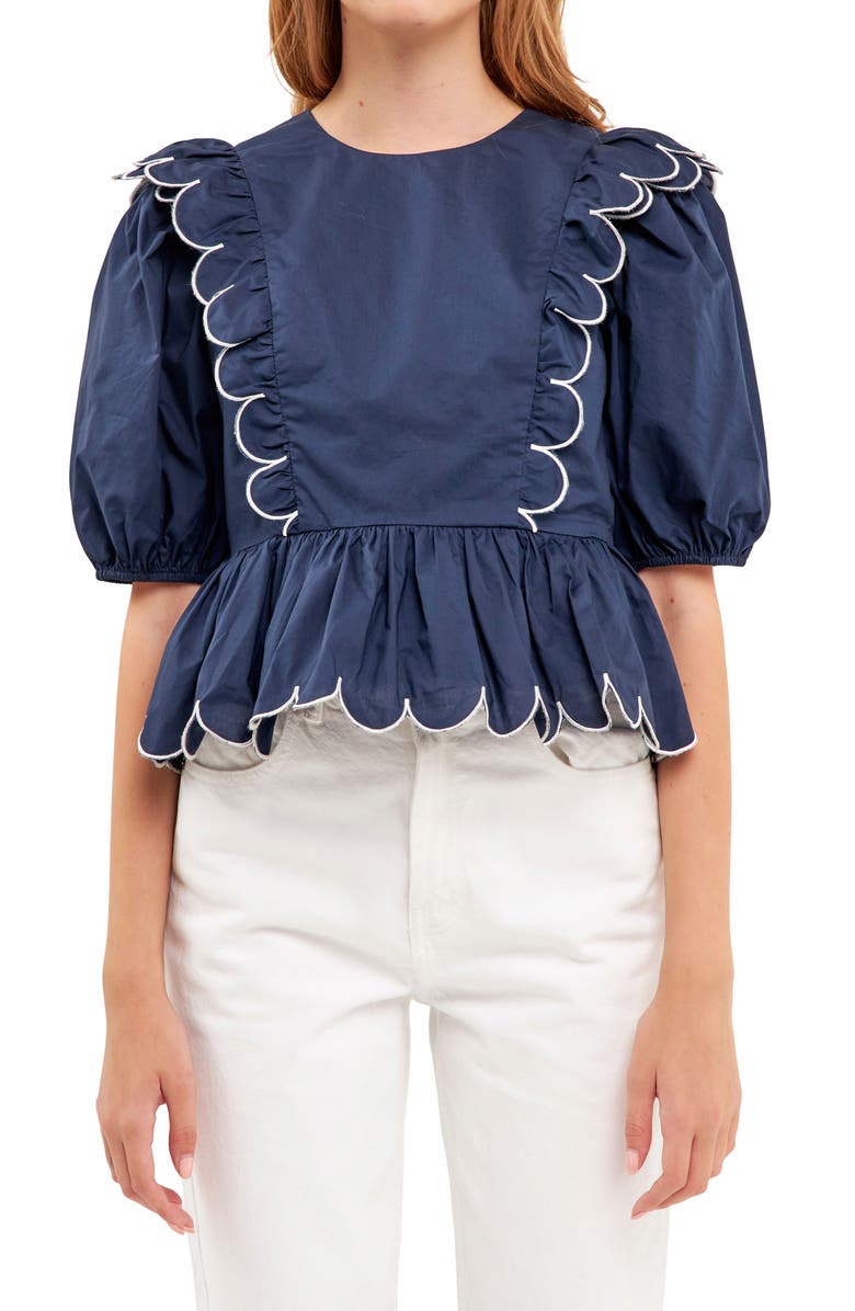 English Factory Contrast Scalloped Trim Cotton Top, Main, color, Navy/ White