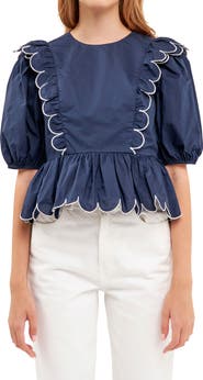 English Factory Contrast Scalloped Trim Cotton Top