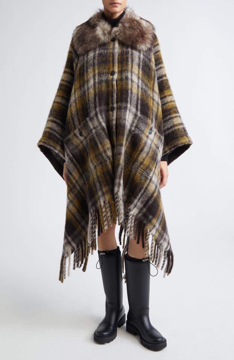 Moncler Grenoble Plaid Felt Cape with Genuine Shearling Collar, Main, color, Neutral