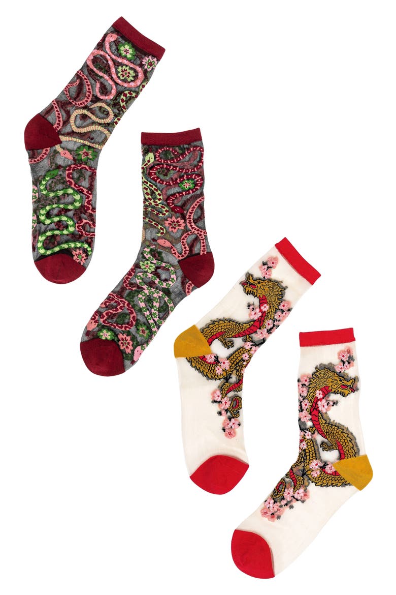 Fire & Scales Sheer Crew Socks, Main, color, BLACK/ GOLD