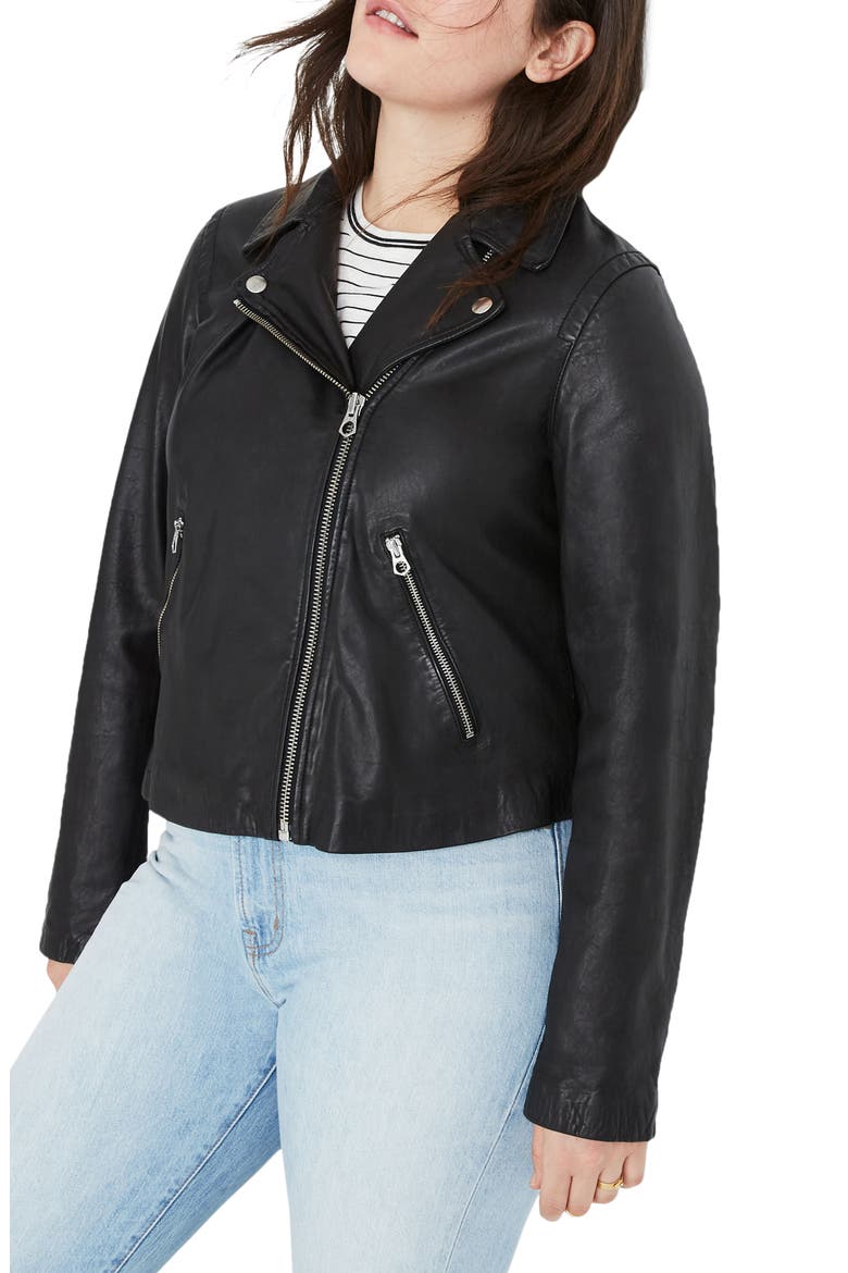 Washed Leather Moto Jacket, Alternate, color, TRUE BLACK