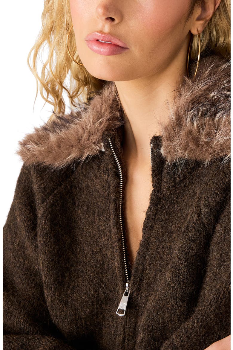 Odessa Faux Fur Collar Zip Sweater, Alternate, color, DARK ESPRESSO