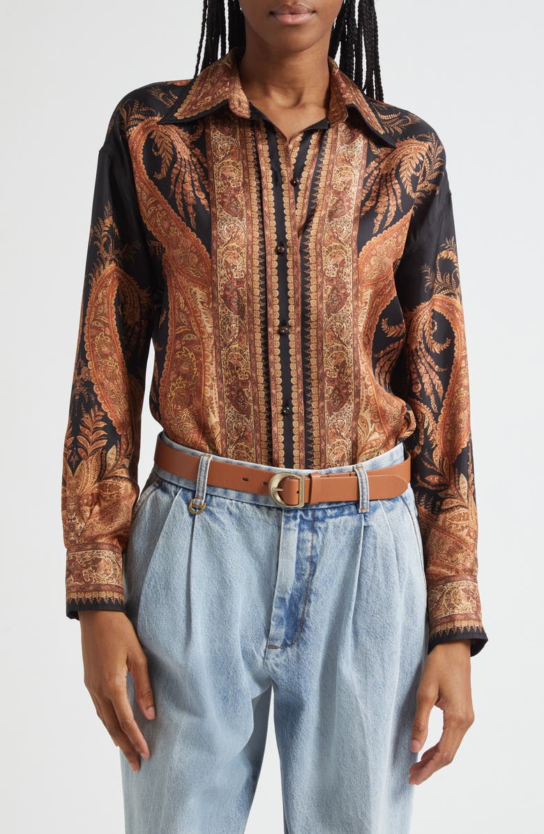 Zimmermann Hypnotic Paisley Silk Button-Up Shirt, Main, color, Black Paisley