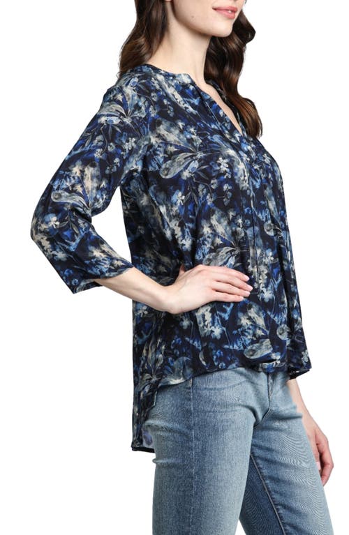 Apny Print Tassel Split Neck Chiffon Top In Navy Blue Multi