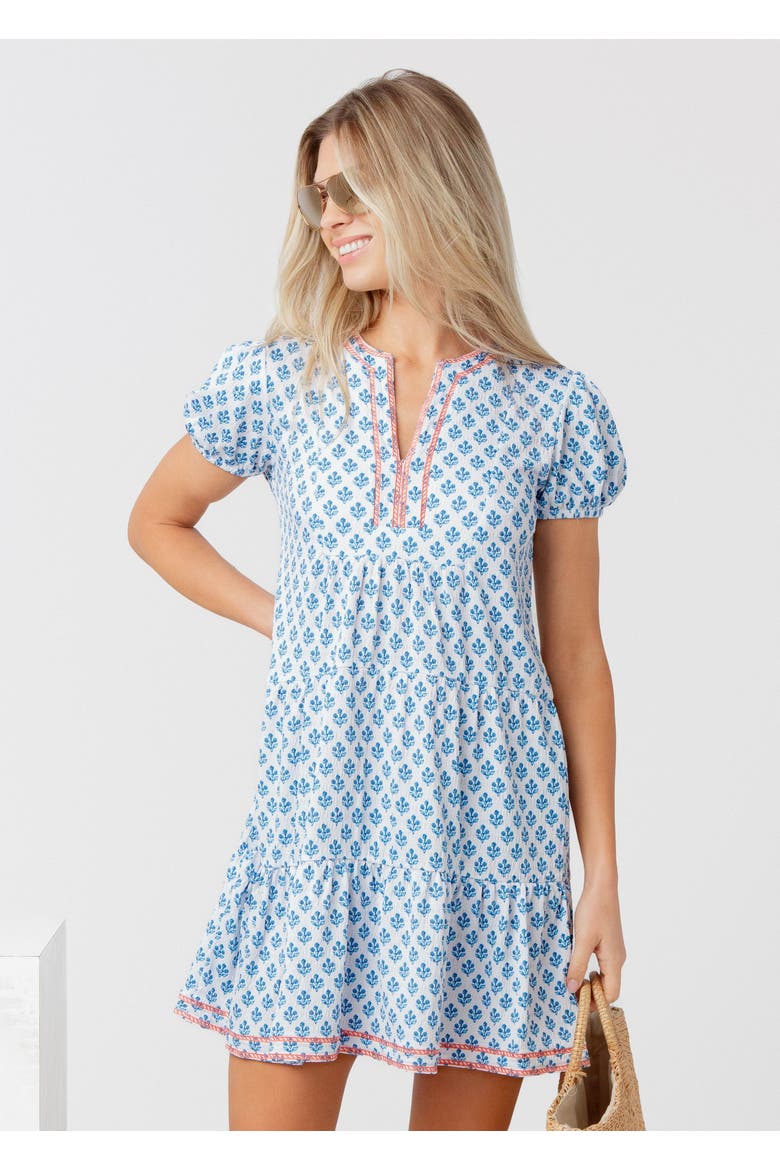 Embroidered Short Sleeve Tiered Dress, Alternate, color, Harbor