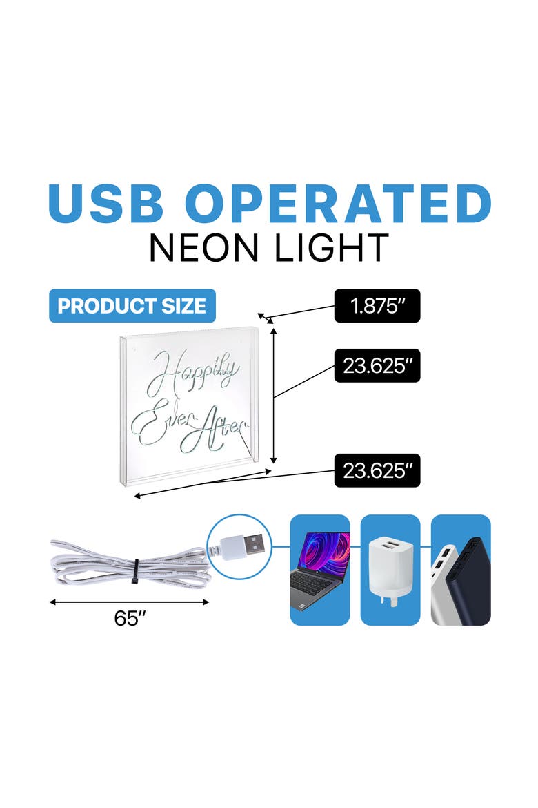 Happily Ever After 23.63" Square Contemporary Glam Acrylic Box USB Operated LED Neon Light, White, Alternate, color, White